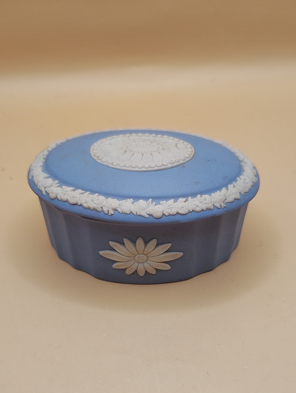 Small Wedgewood Blue Jasperware-Style Oval Trinket Box with White Floral